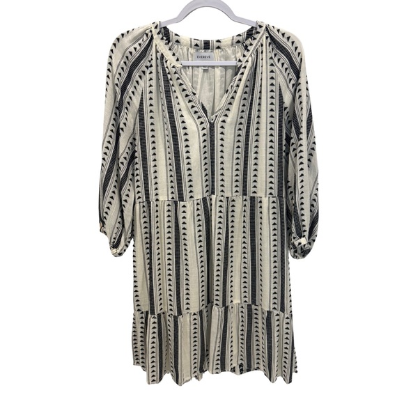 Evereve Black White Boho Stripe Tiered Peasant Dress Small 3/4 Sleeve Lined - Picture 5 of 8